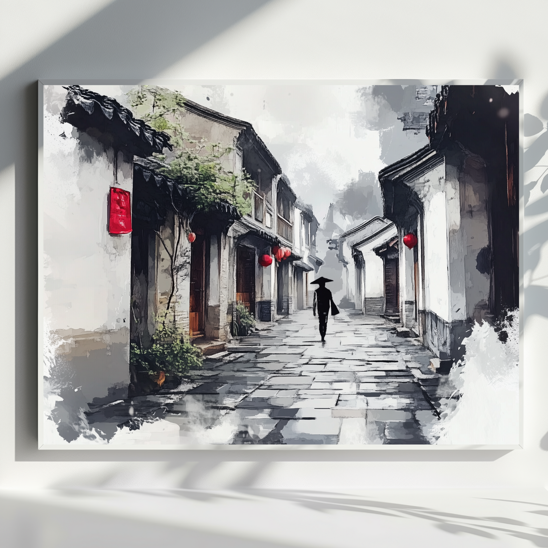 Ancient Japanese Alley Wall Art Ink Painting Style Print. High Resolution Digital Download 300 DPI.