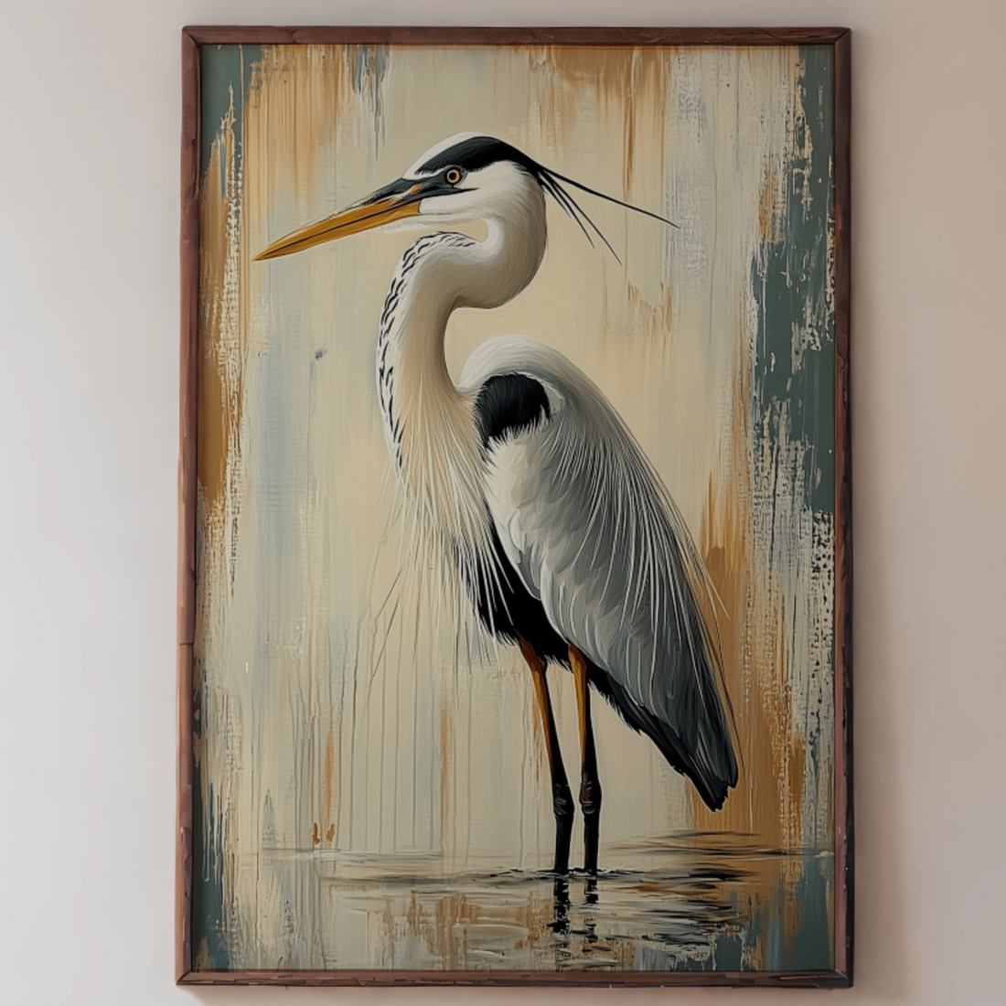 Abstract Heron Painting in Earthy Tones – Metallic Water Art. High Resolution Digital Download 300 DPI.