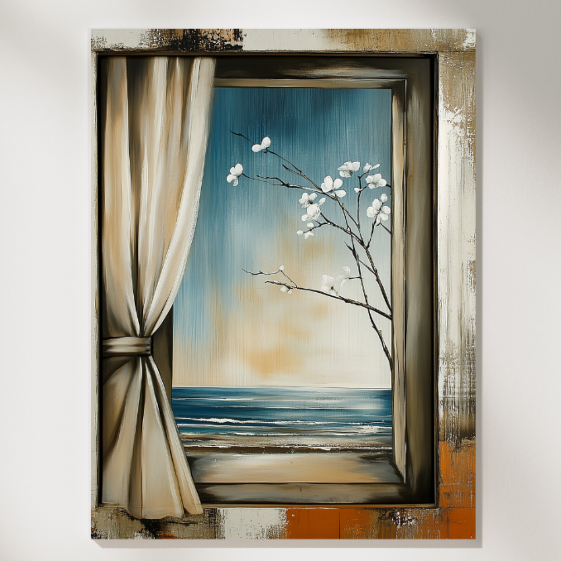 Serene Seaside Spring: Cherry Blossom Ocean View Window Wall Art. High Resolution Digital Download 300 DPI.