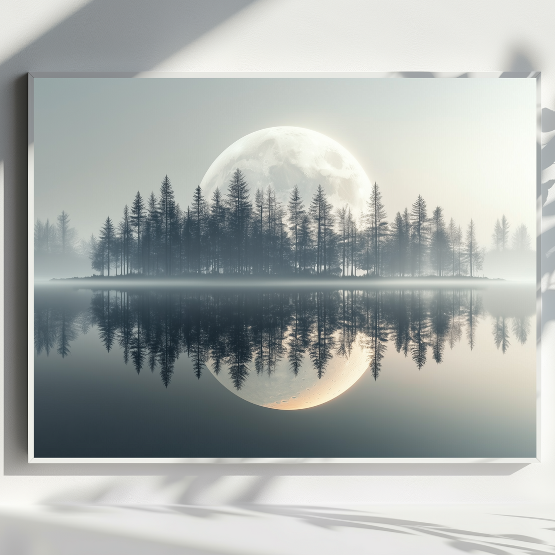 Moonlit Lake Wall Art Pine Trees Mist Reflection Night Tranquil Scene. High Resolution Digital Download 300 DPI.