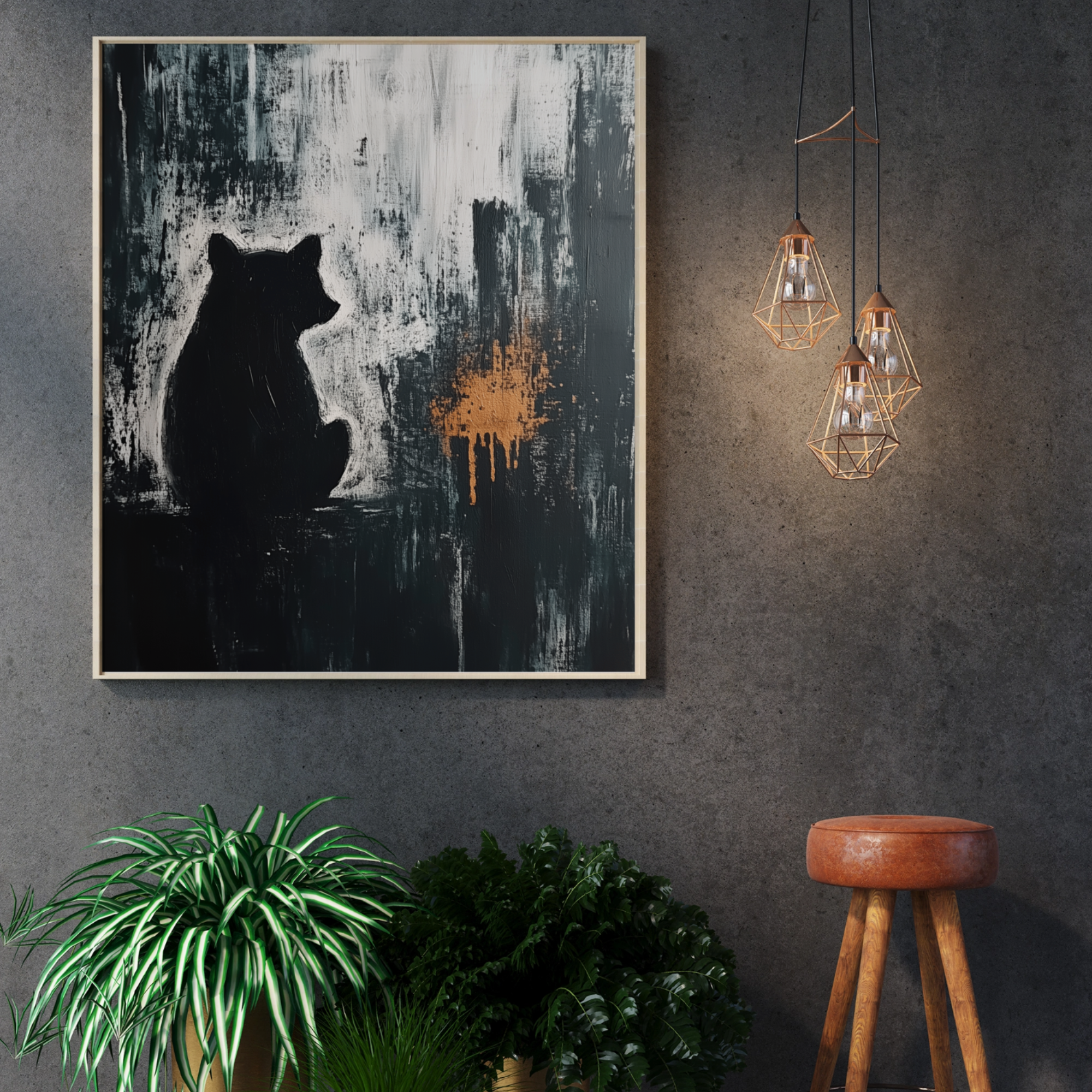 Dramatic Bear Silhouette: Abstract Orange Splash on Black Canvas Art. High Resolution Digital Download 300 DPI.