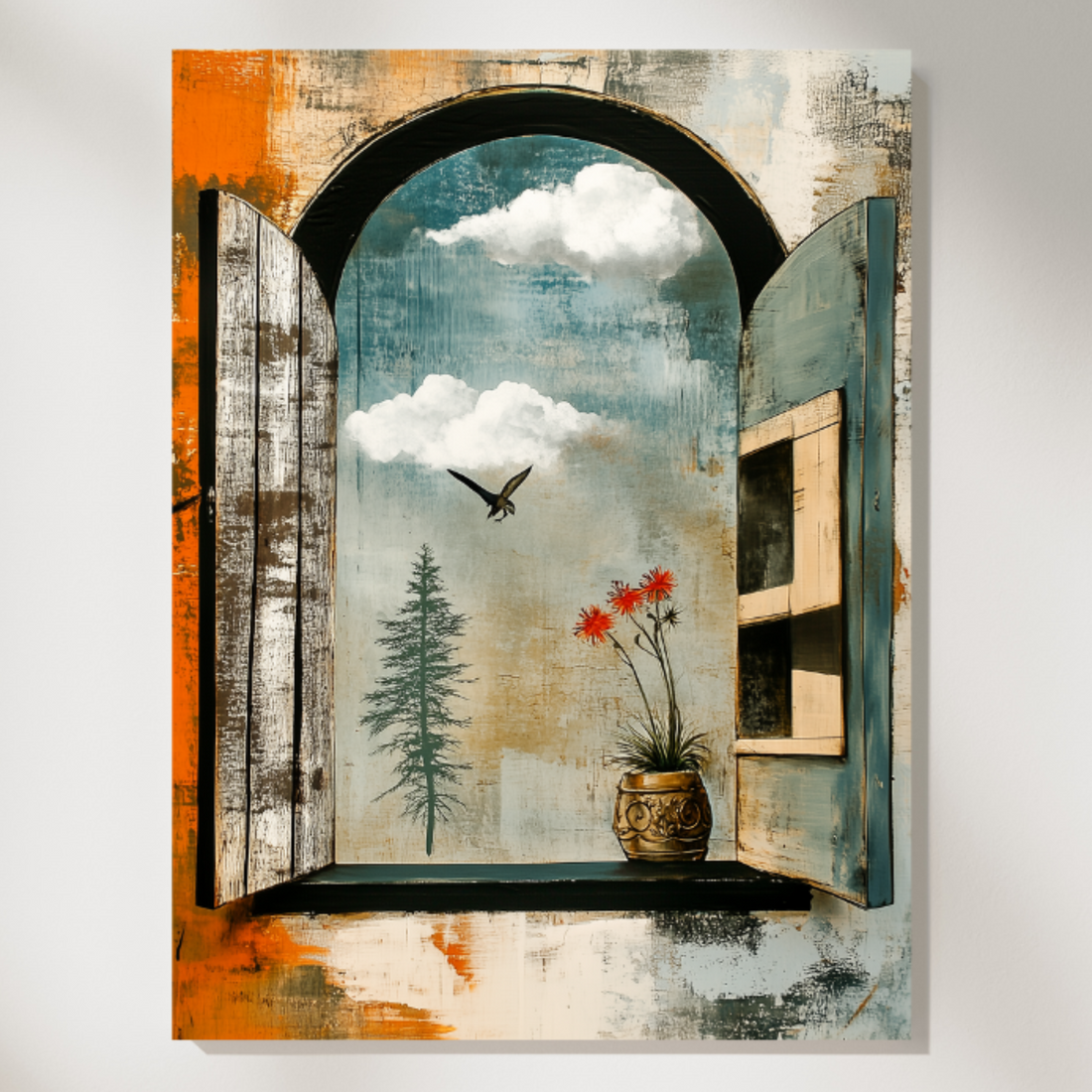 Tranquil Vista: Arched Window Cloud View Tree Floral Wall Art. High Resolution Digital Download 300 DPI.