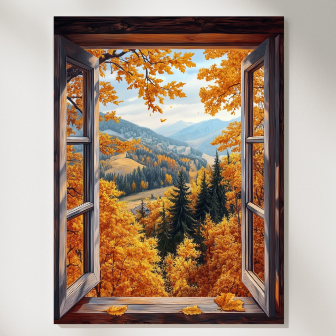 Cozy Autumn Vista: Rustic Cottage Window Fall Landscape Wall Art. High Resolution Digital Download 300 DPI.