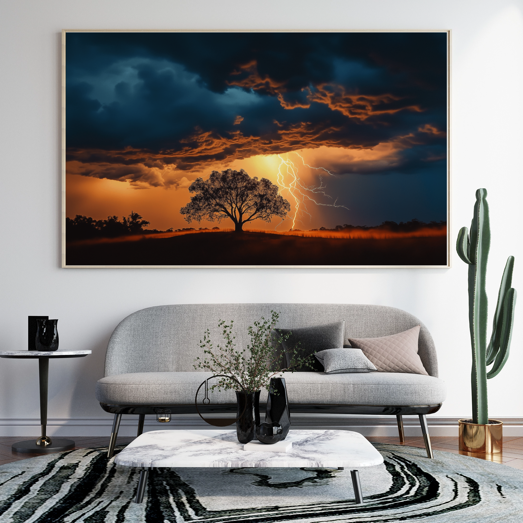 Stormy Sunset Silhouette: Lone Tree on Hill Lightning Landscape Art. High Resolution Digital Download 300 DPI.