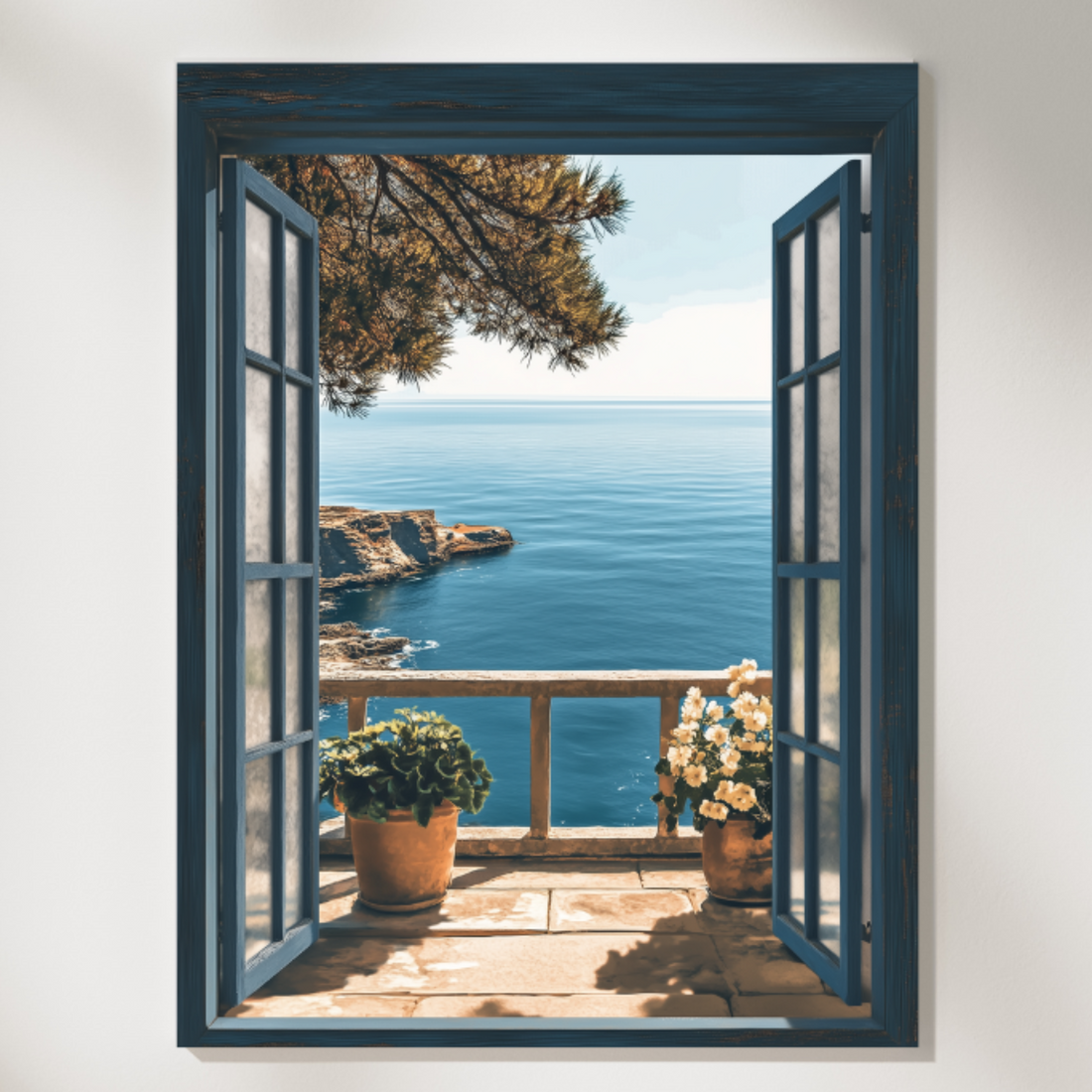 Coastal Serenity: Blue Balcony Sea View Cliff Landscape Wall Art. High Resolution Digital Download 300 DPI.