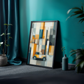 Geometric car art on a teal wall