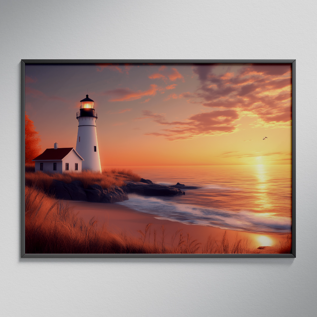 Coastal Twilight Serenity: Lighthouse Beach House Sunset Wall Art. High Resolution Digital Download 300 DPI.