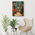 Forest path print above a woven chair and plants