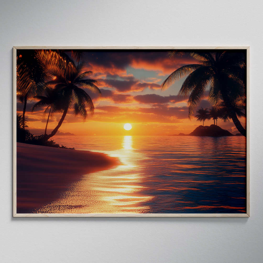Tropical Paradise Sunset: Realistic Beach Island Palm Trees Canvas Art. High Resolution Digital Download 300 DPI.