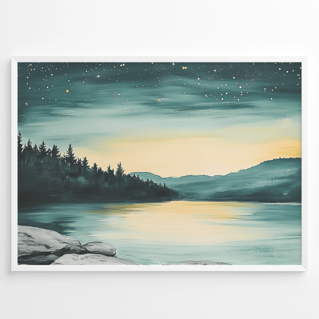 Starry Night Reflections: Luminous Green Lake Under Celestial Sky Art. High Resolution Digital Download 300 DPI.
