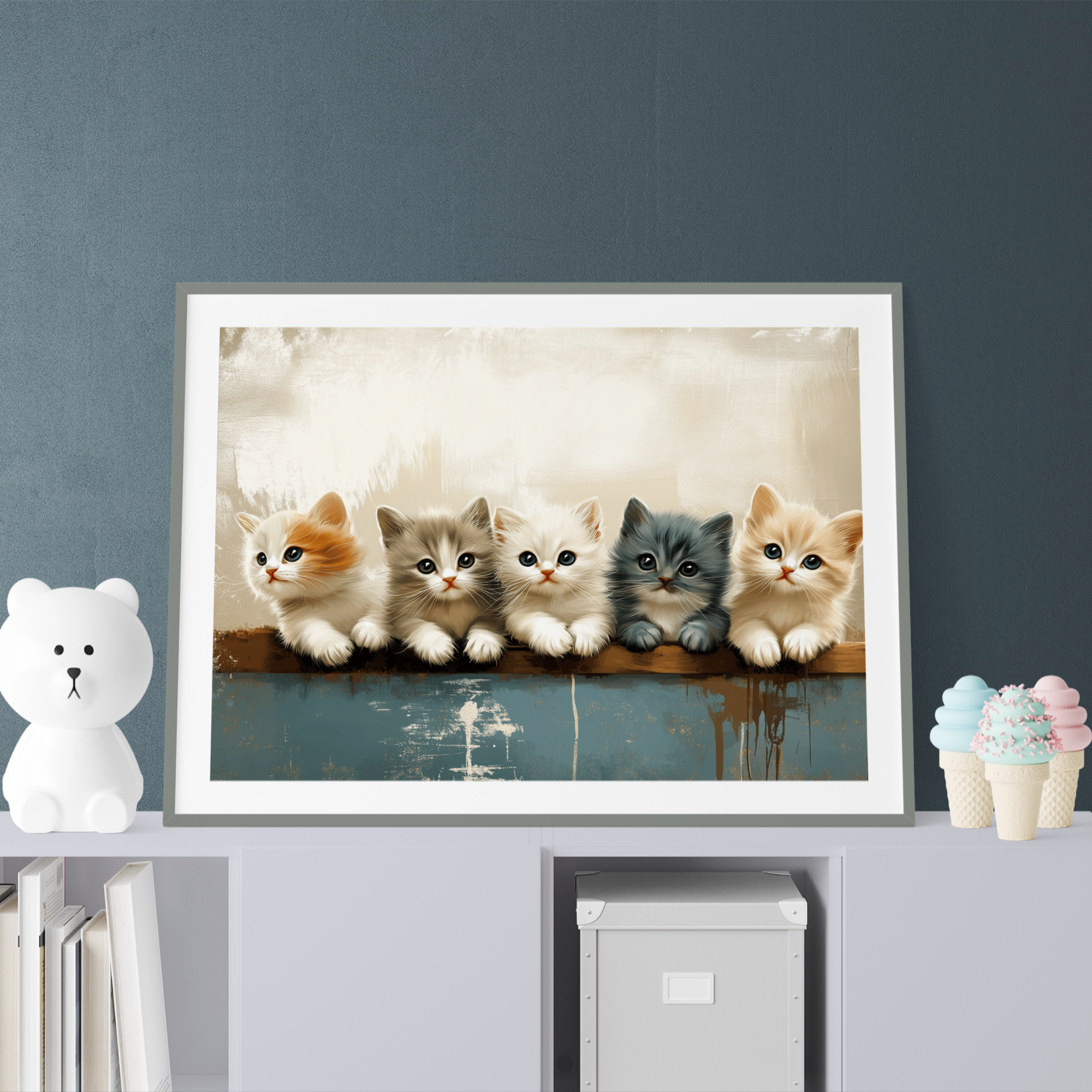 Charming Five Kittens on Wooden Bar Canvas Wall Art Print. High Resolution Digital Download 300 DPI.