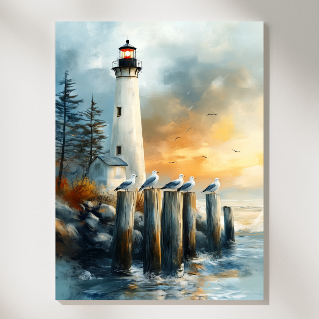 Coastal Twilight Gathering: Seagulls Lighthouse Pine Trees Seascape Wall Art. High Resolution Digital Download 300 DPI.