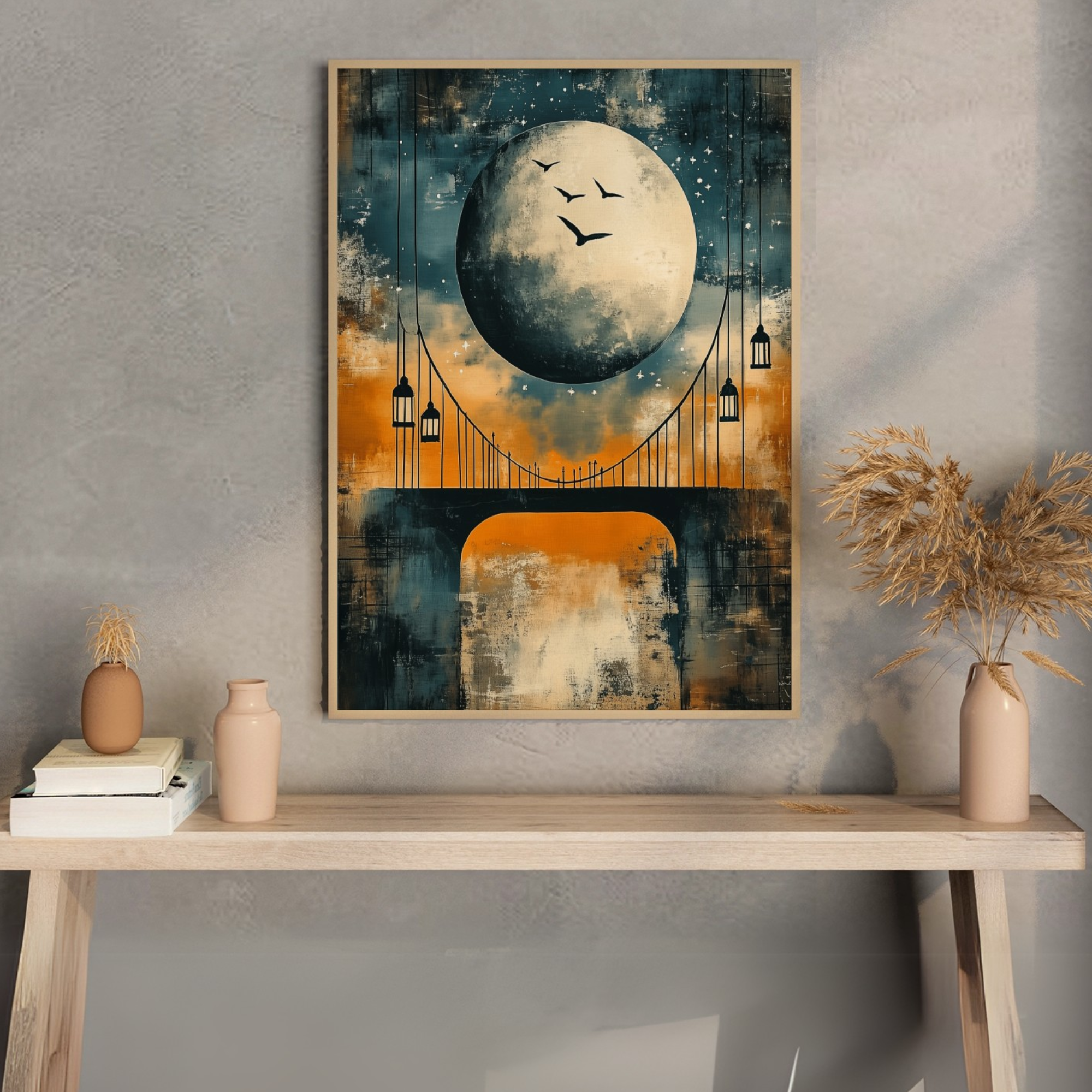 Enchanted Lunar Bridge: Anime-Inspired Starry Night Sky Wall Art. High Resolution Digital Download 300 DPI.