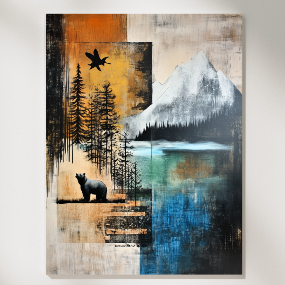 Urban Wilderness: Street Art Mountain Forest Bear Canvas Wall Decor. High Resolution Digital Download 300 DPI.