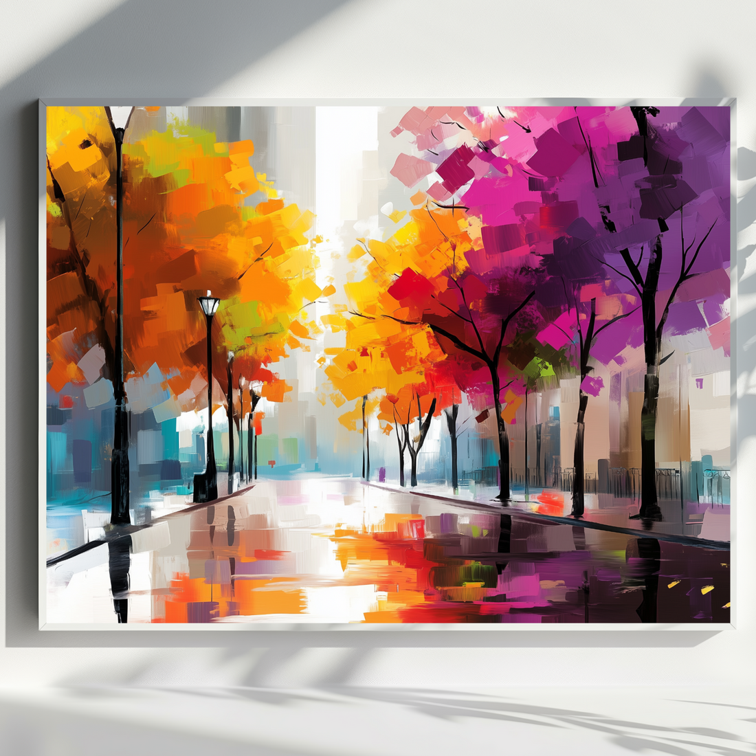 Modern City Street Wall Art Colorful Trees Uplifting Impressionistic Illustration. High Resolution Digital Download 300 DPI.