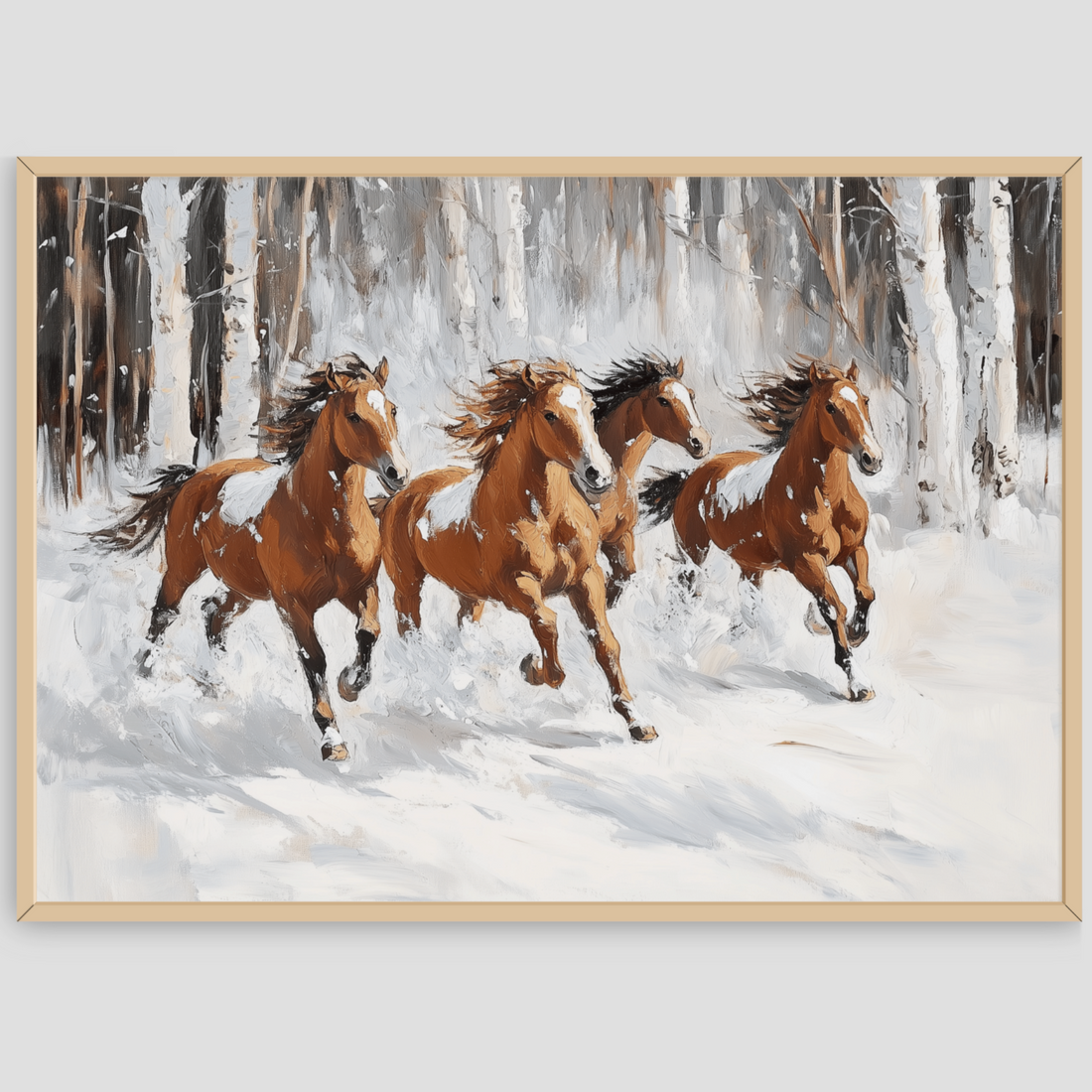 Galloping Horses in Snow Oil Painting – Pastel Winter Wall Art. High Resolution Digital Download 300 DPI.