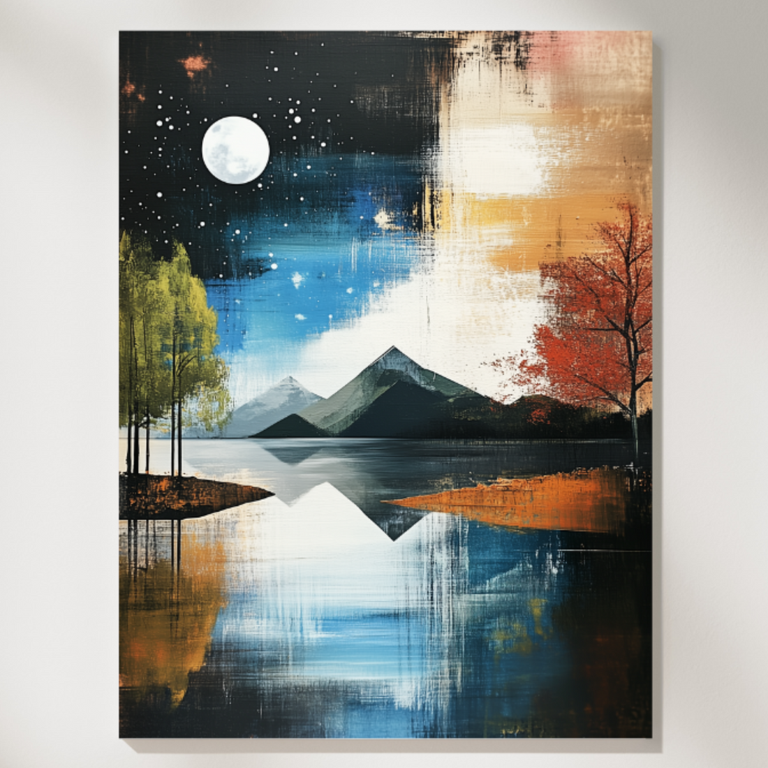 Celestial Reflection: Tranquil Lakeside Mountain Forest Starry Night Art. High Resolution Digital Download 300 DPI.