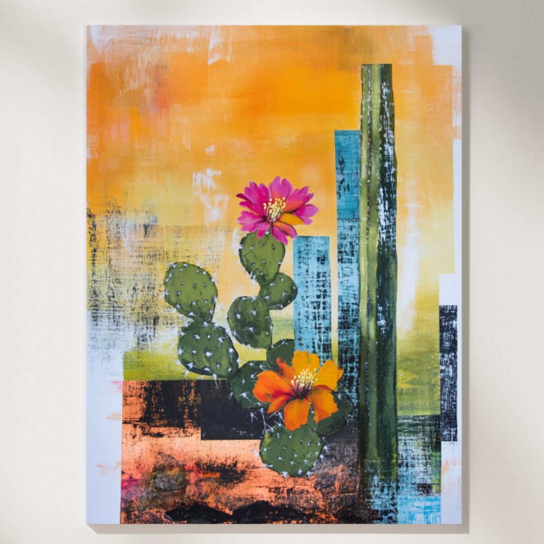 Desert Bloom Oasis: Cactus Flowers Rock Formation Green-Orange Wall Art. High Resolution Digital Download 300 DPI.
