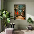 Forest path print above a mauve armchair and plants