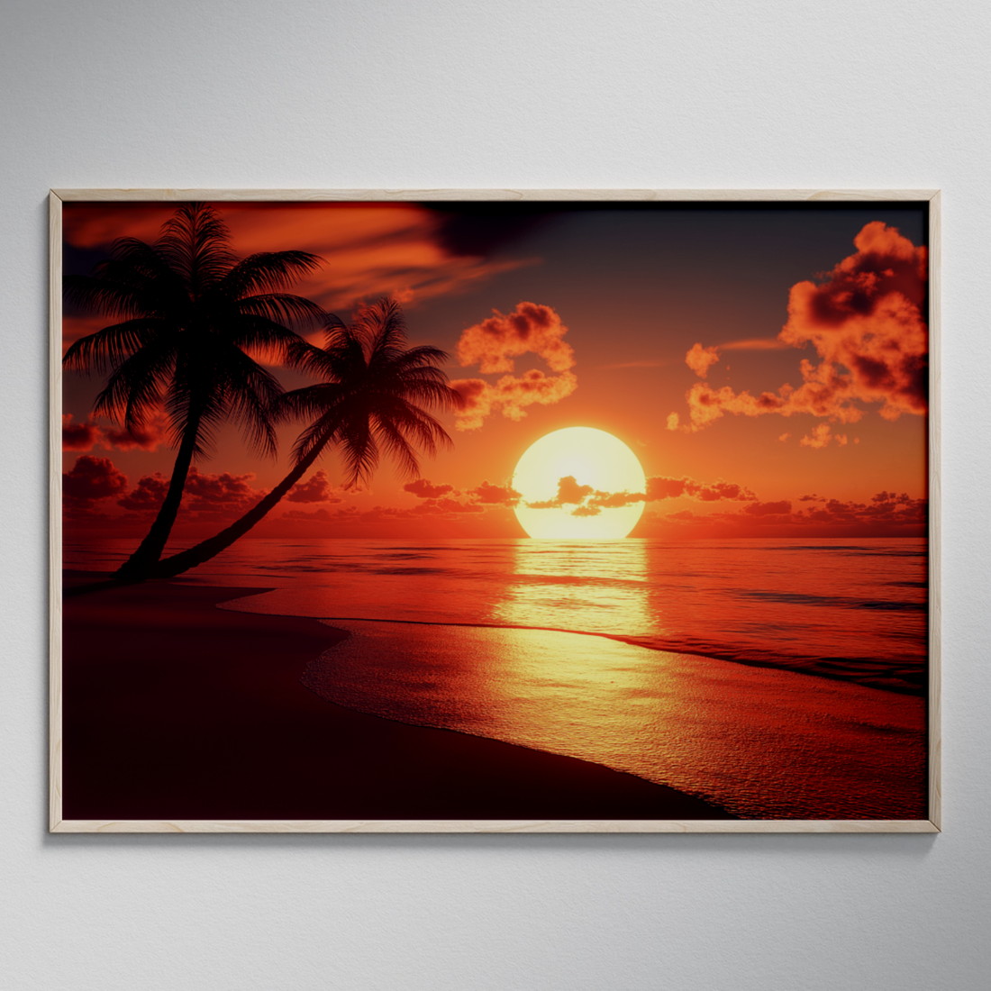 Golden Hour Paradise: Expansive Beach Sunset with Palm Silhouettes Art. High Resolution Digital Download 300 DPI.