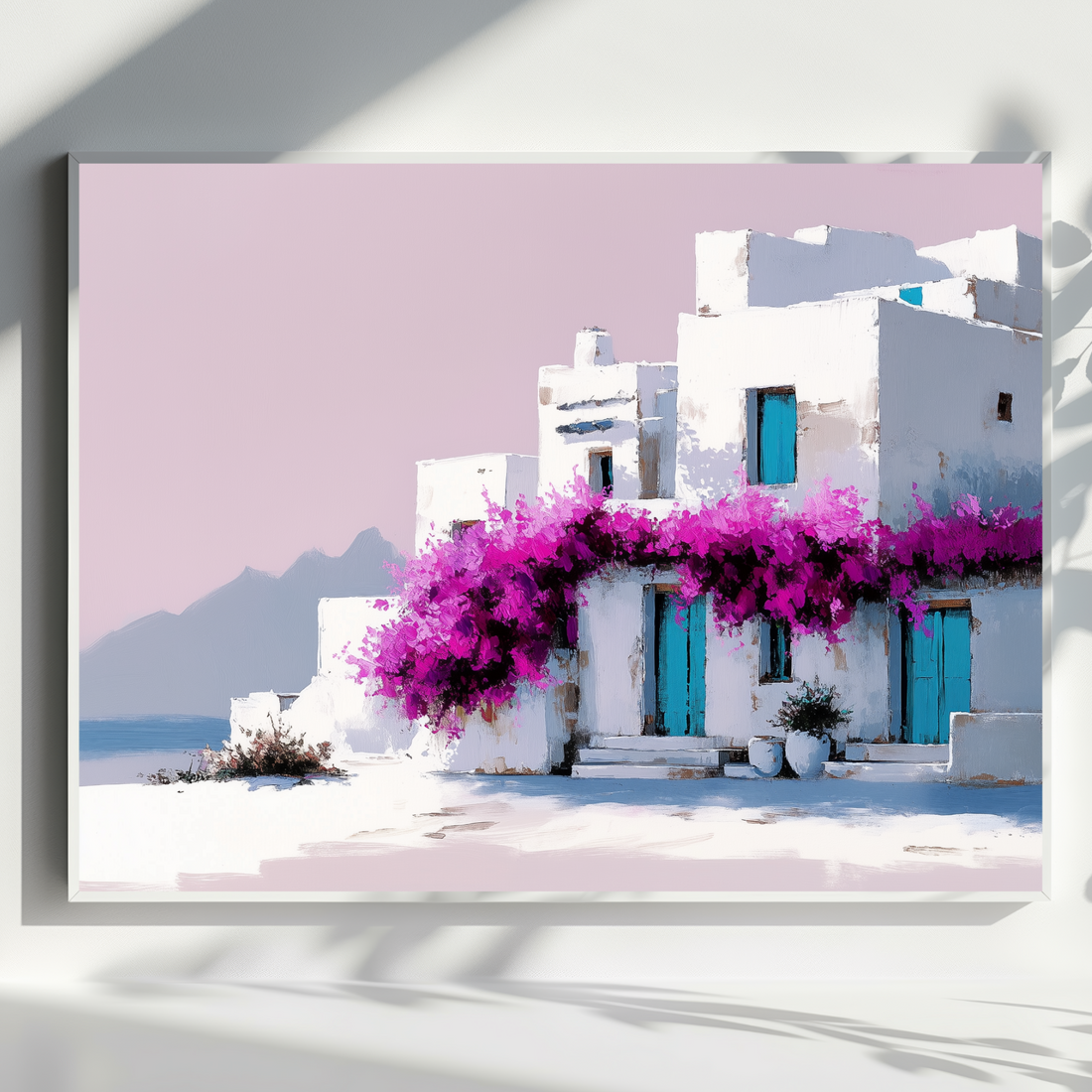 Cycladic White Houses Wall Art Blue Bougainvillea Greek Island Landscape. High Resolution Digital Download 300 DPI.