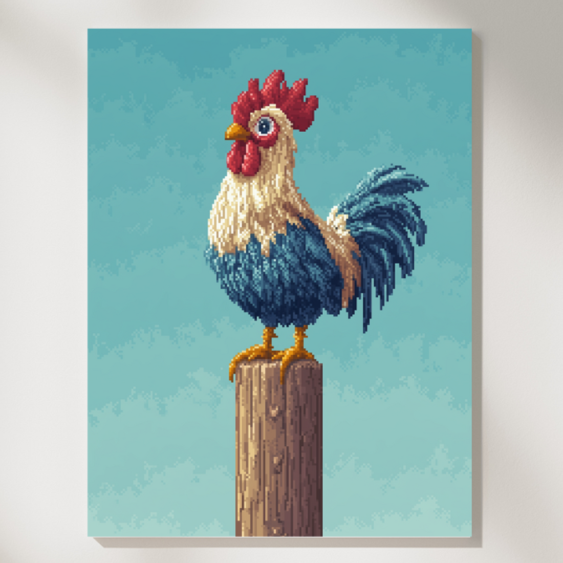Pixelated Cartoon Rooster Wall Art - Blue Rustic Farmhouse Decor. High Resolution Digital Download 300 DPI.