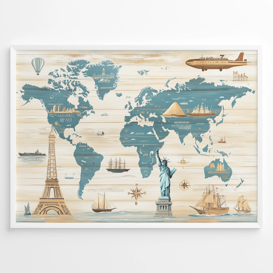 Pastel World Landmarks Map Canvas - Wanderlust Wooden Travel Wall Art. High Resolution Digital Download 300 DPI.