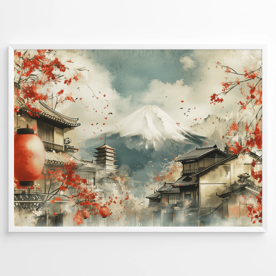 Serene Japanese Festival Canvas: Cherry Blossoms, Mountains, and Lanterns Art. High Resolution Digital Download 300 DPI.