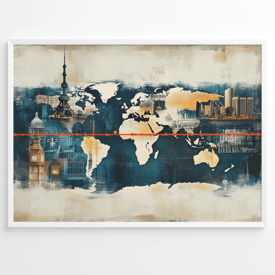 Colorful World Landmarks Map Canvas - Vibrant Global Travel Wall Art. High Resolution Digital Download 300 DPI.