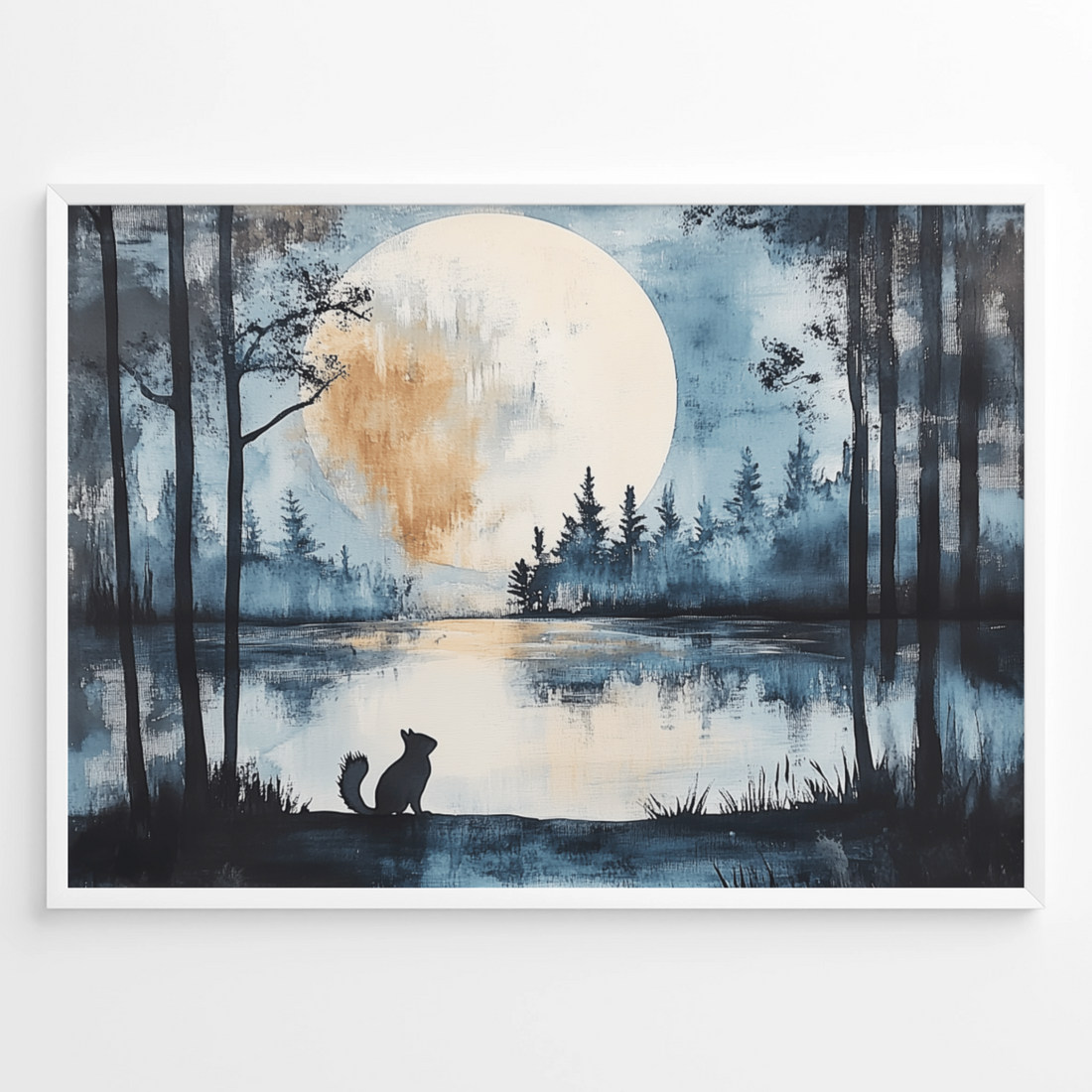 Enchanted Moonlit Forest: Squirrel's Journey to Mystical Lake Art. High Resolution Digital Download 300 DPI.