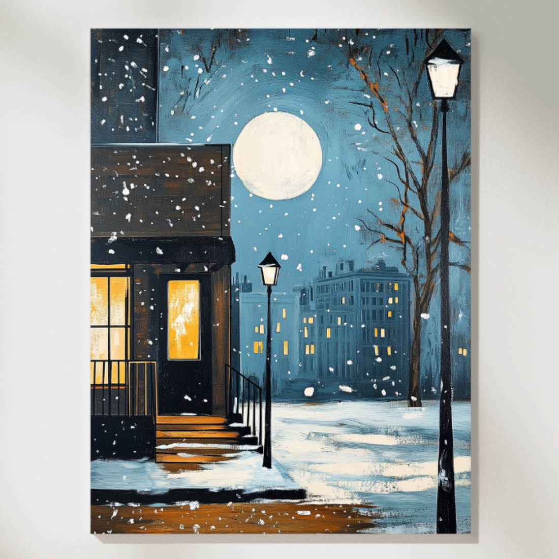 Moonlit Winter Night: Illuminated City Building Snowy Scene Wall Art. High Resolution Digital Download 300 DPI.