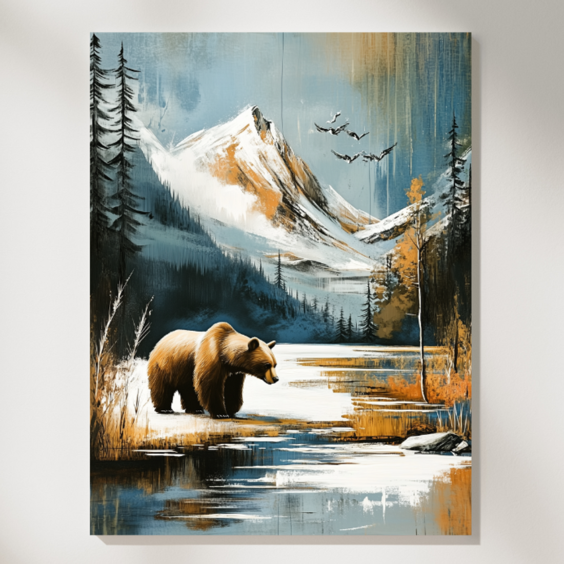 Majestic Wilderness: Brown Bear Mountain Lake Winter Landscape Canvas Art. High Resolution Digital Download 300 DPI.