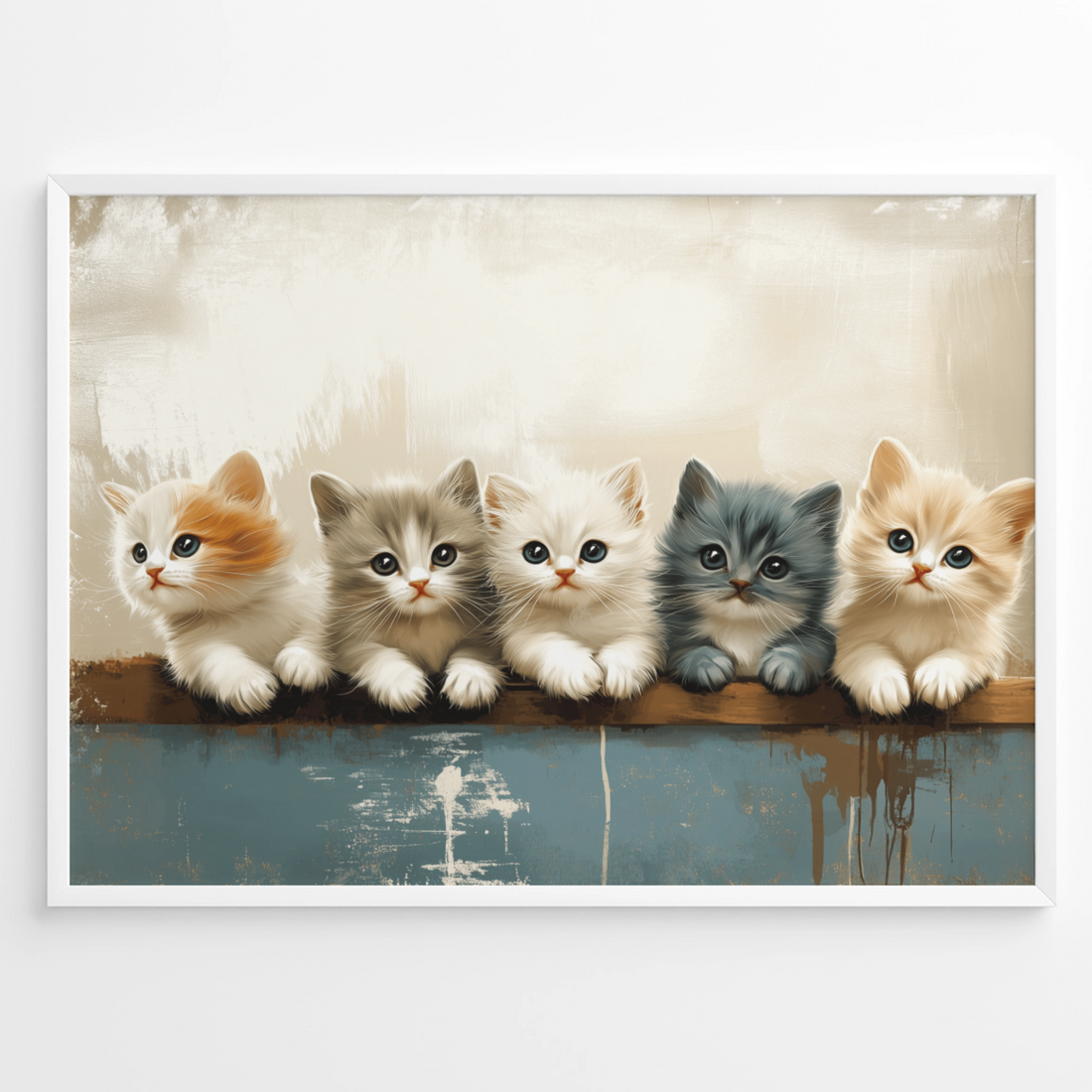 Charming Five Kittens on Wooden Bar Canvas Wall Art Print. High Resolution Digital Download 300 DPI.