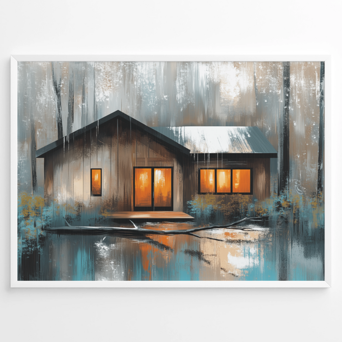 Cozy Woodland Cabin: Stormy Night Illuminated Forest Retreat Art. High Resolution Digital Download 300 DPI.