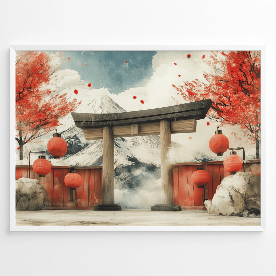 Serene Japanese Festival Landscape: Cherry Blossoms and Mountain Canvas Art. High Resolution Digital Download 300 DPI.