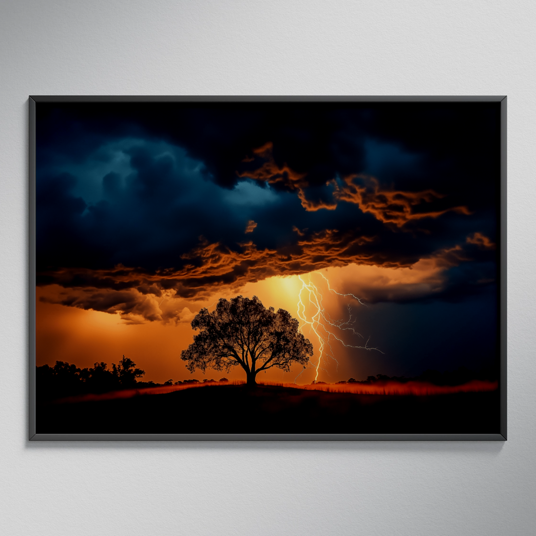 Stormy Sunset Silhouette: Lone Tree on Hill Lightning Landscape Art. High Resolution Digital Download 300 DPI.