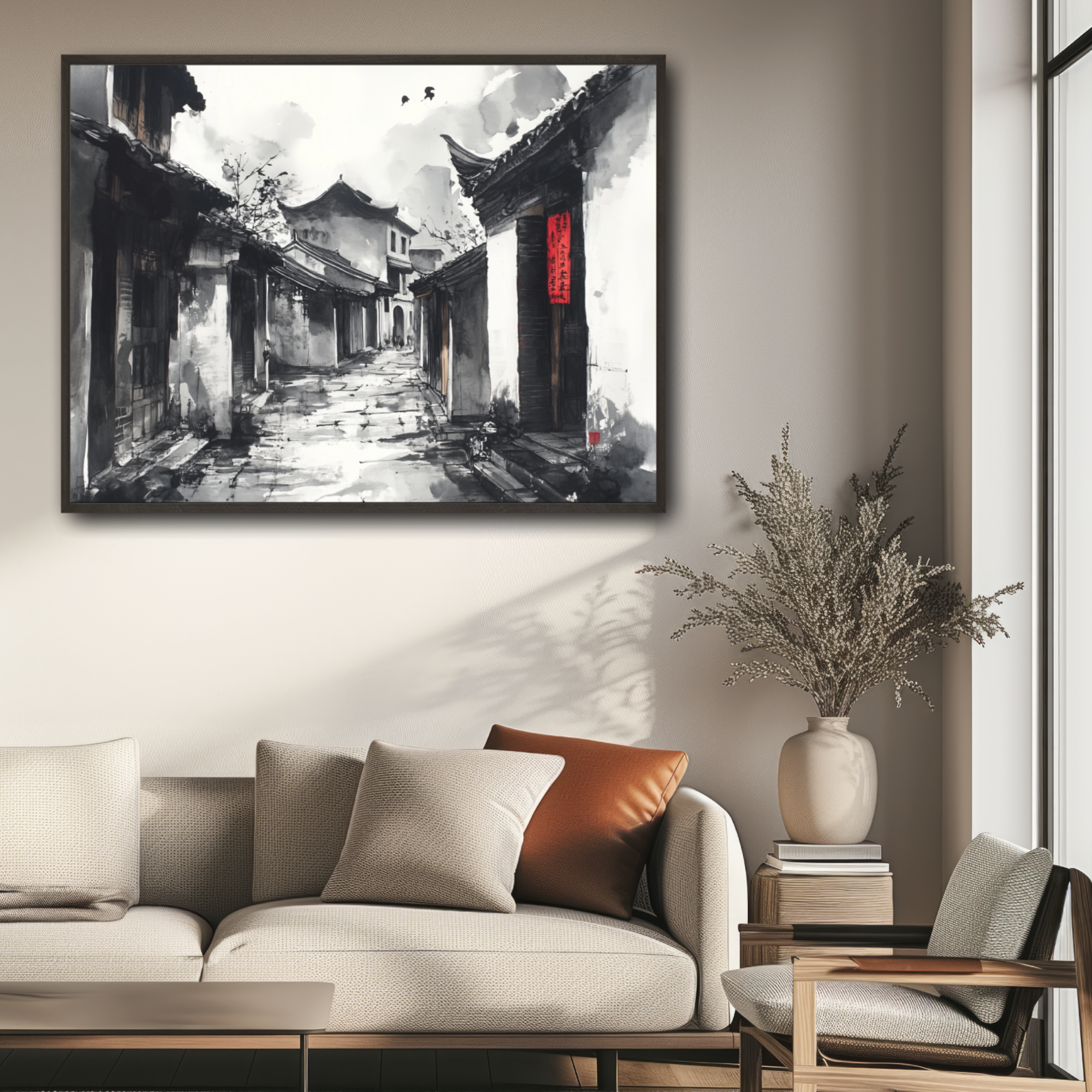 Kuanzhai Alley Wall Art Ink Painting Chengdu Historic Courtyard Chinese Style. High Resolution Digital Download 300 DPI.