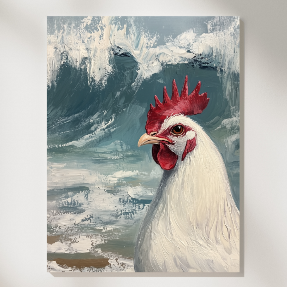 White Chicken Oil Painting - Ocean Waves Farmhouse Animal Wall Art. High Resolution Digital Download 300 DPI.