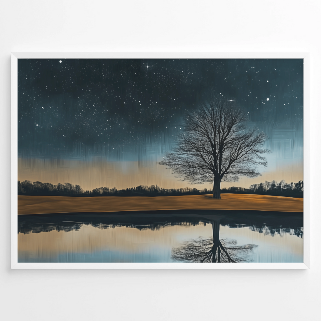 Starry Night Reflection: Bare Tree Silhouette Lake Landscape Art . High Resolution Digital Download 300 DPI.