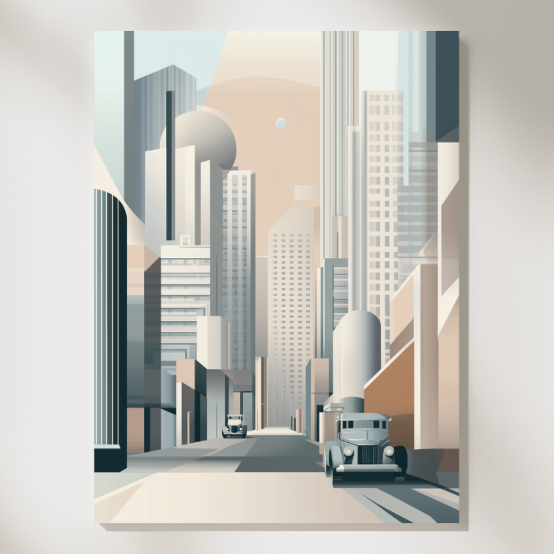 Art Deco Cityscape Wall Art: Geometric Buildings & Vintage Cars Print. High Resolution Digital Download 300 DPI.