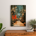 Lantern forest art above a wooden sideboard