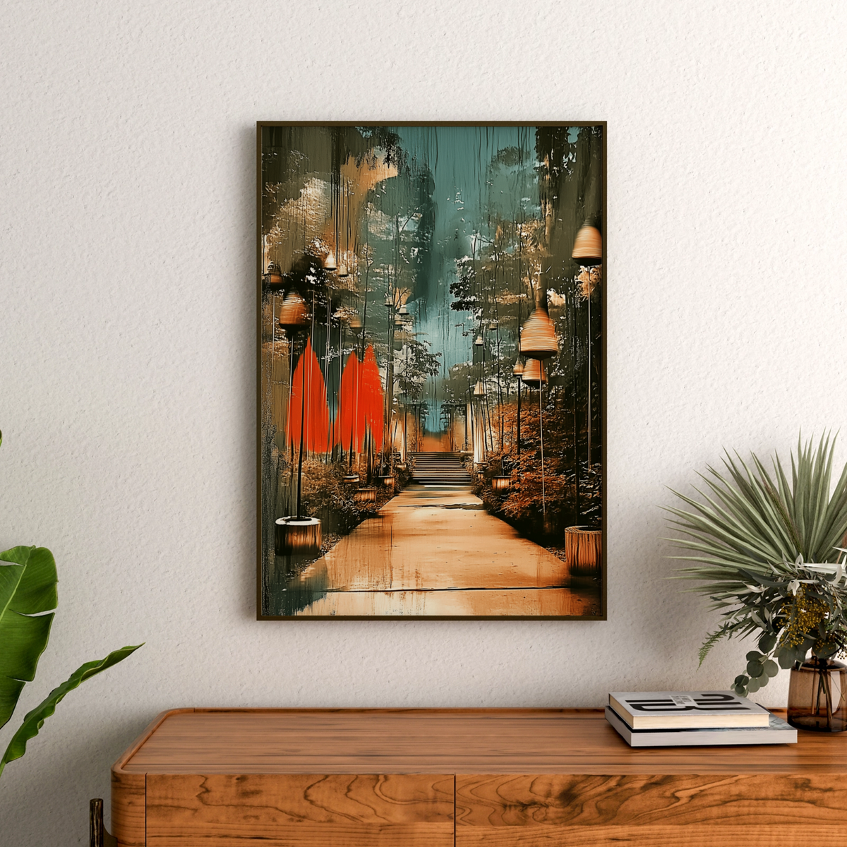 Lantern forest art above a wooden sideboard