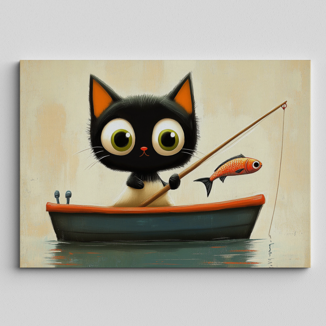 Whimsical Fishing Kitten: Big-Eyed Cartoon Watercolor Canvas Art Print. High Resolution Digital Download 300 DPI.