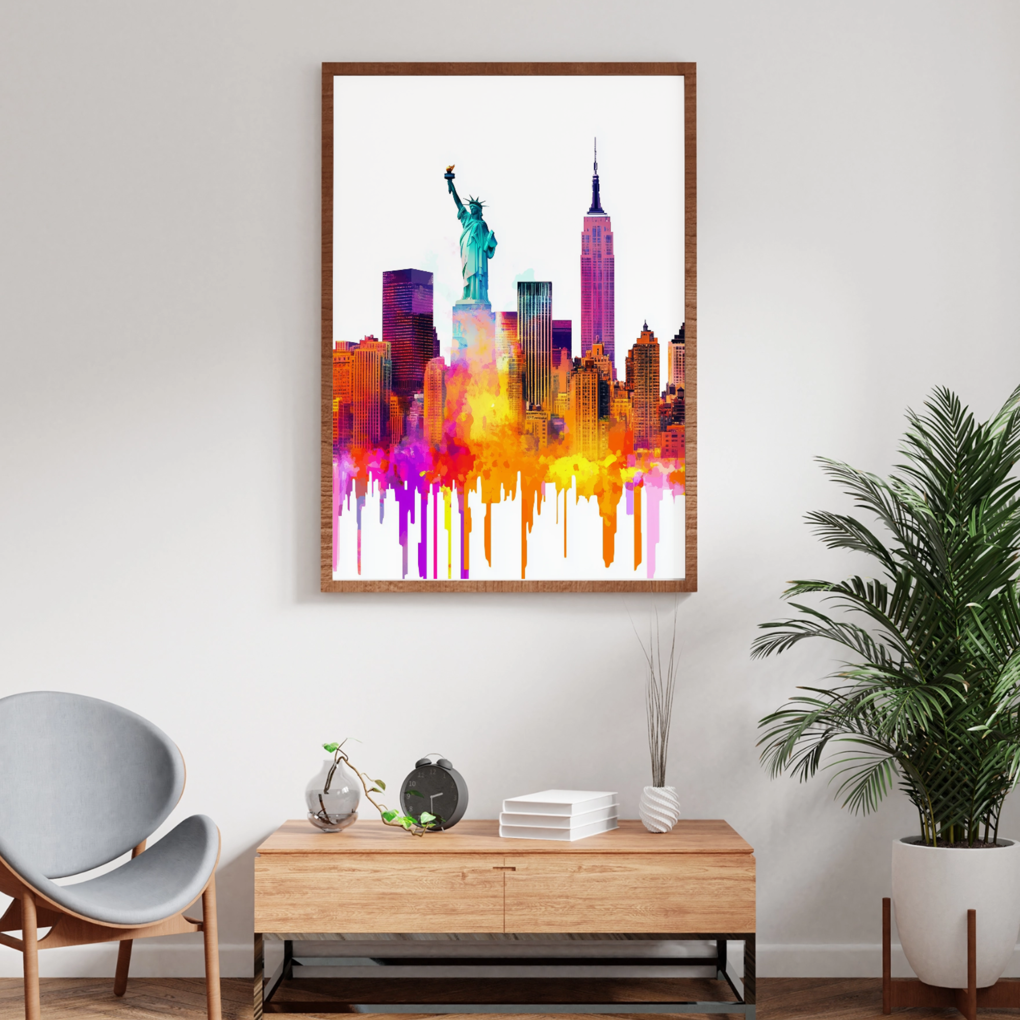 Vibrant NYC Watercolor: Abstract Skyline Art Print for Urban Enthusiasts. High Resolution Digital Download 300 DPI.
