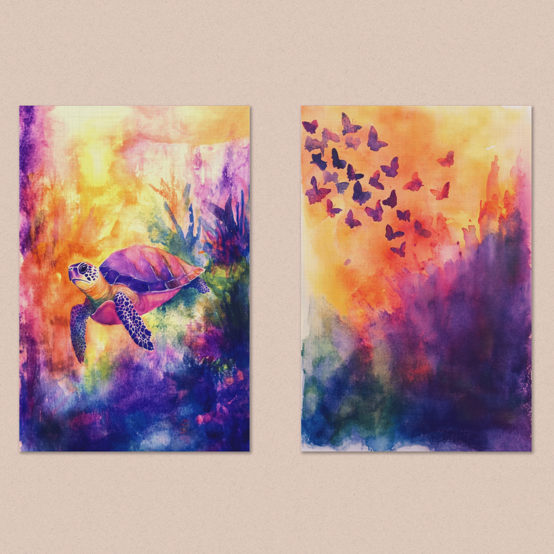Vibrant Tropical Turtle and Butterfly Canvas: Bold Colorful Beach Art. High Resolution Digital Download 300 DPI.