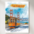 Close-up of the San Francisco watercolor print with the Golden Gate Bridge and orange cable car