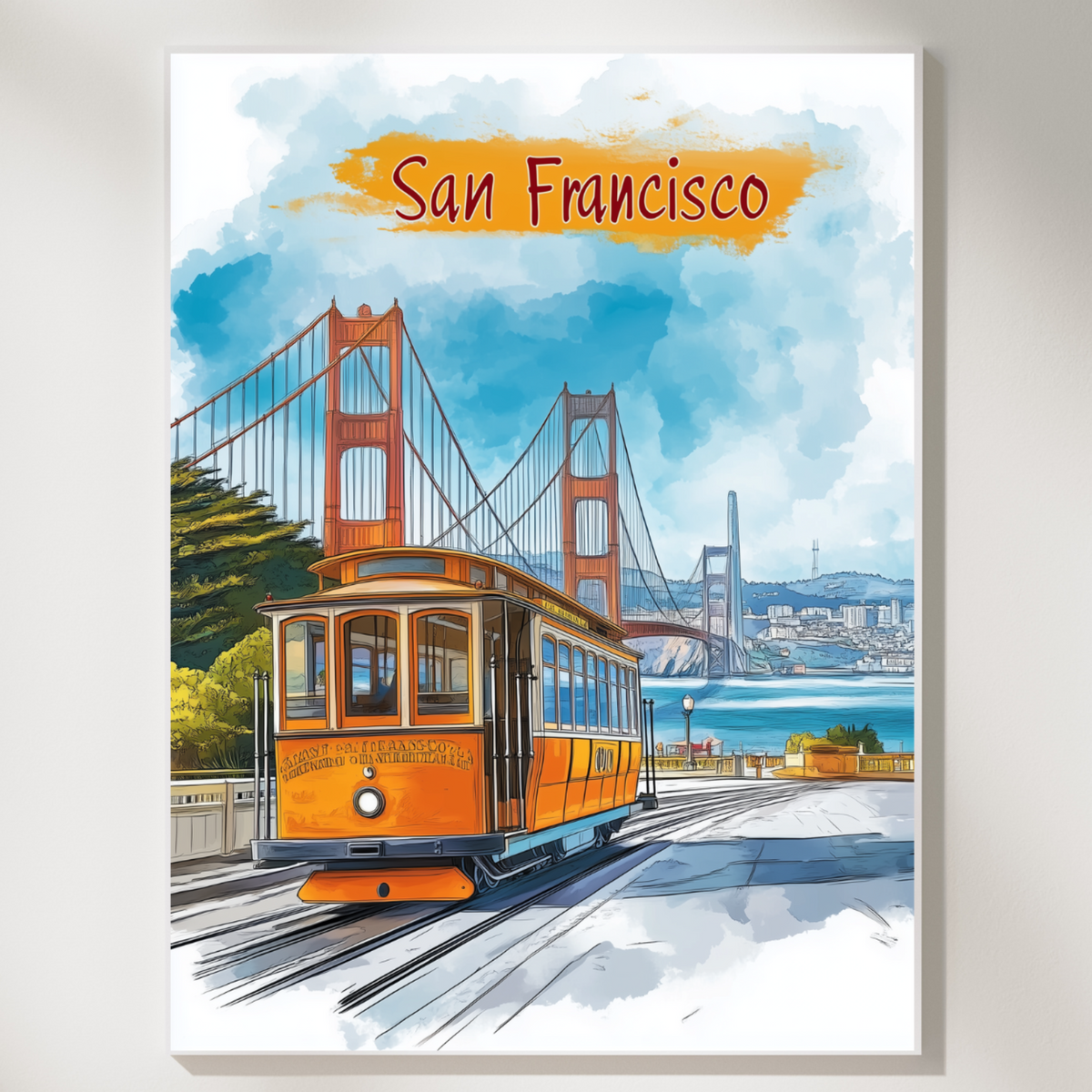Close-up of the San Francisco watercolor print with the Golden Gate Bridge and orange cable car