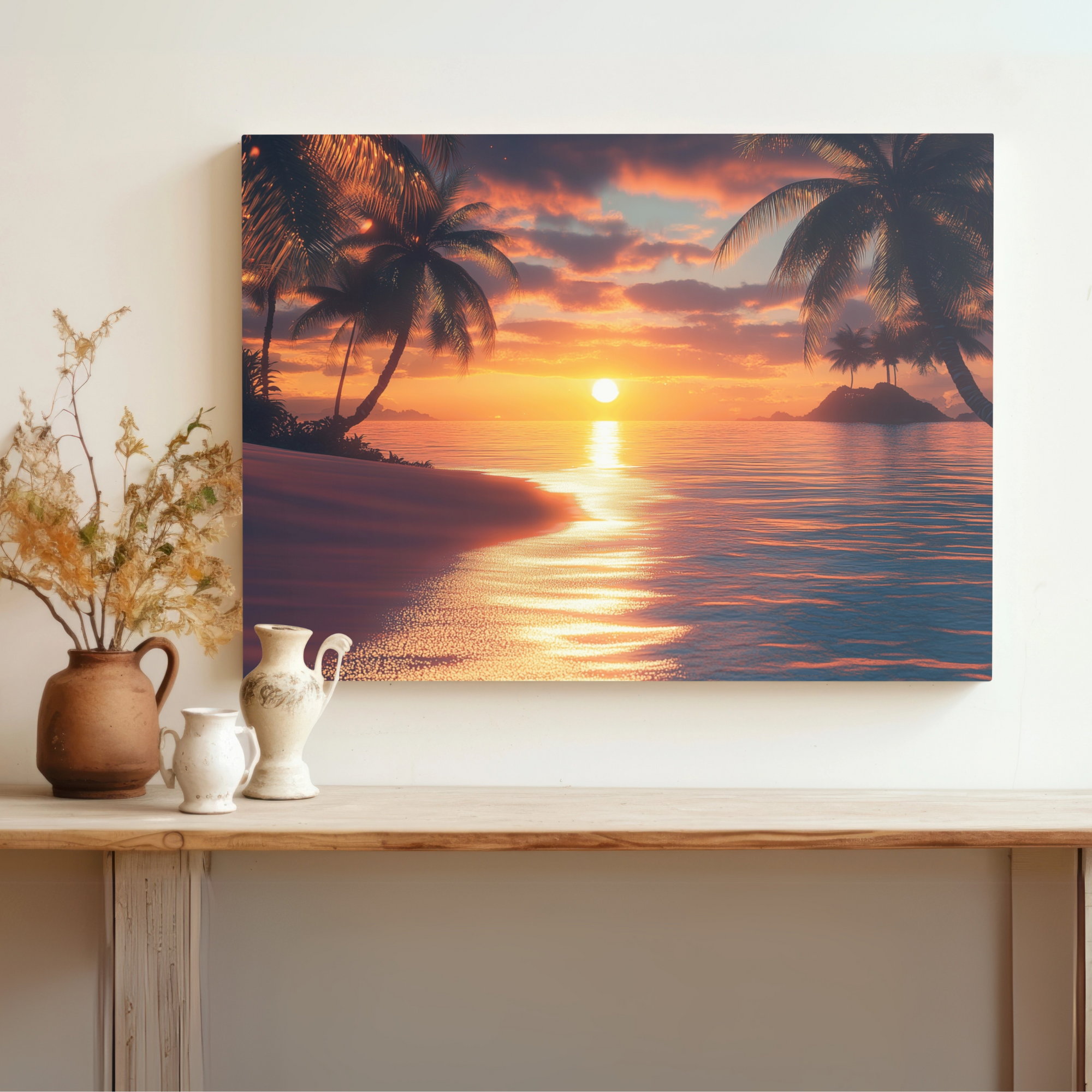 Tropical Paradise Sunset: Realistic Beach Island Palm Trees Canvas Art. High Resolution Digital Download 300 DPI.