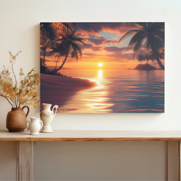 Tropical Paradise Sunset: Realistic Beach Island Palm Trees Canvas Art. High Resolution Digital Download 300 DPI.
