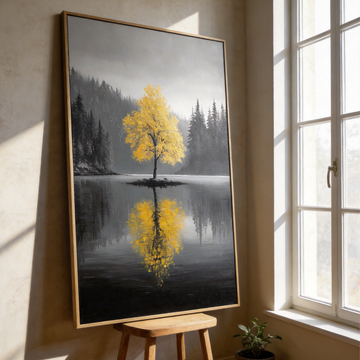 Minimalist Oil Painting Tree in Lake Black and White Reflection Art. High Resolution Digital Download 300 DPI.